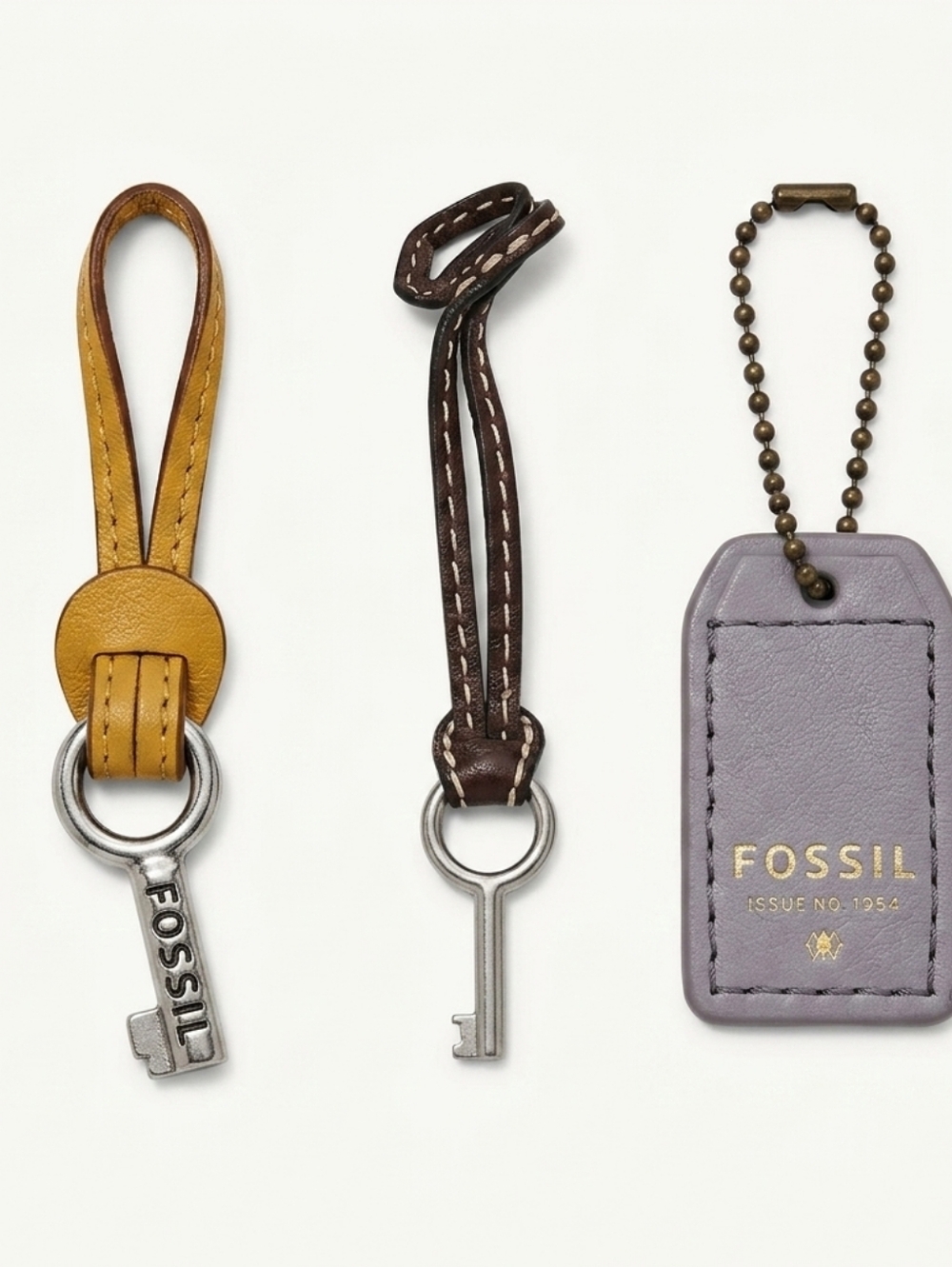 Lot of 3 Fossil Purse Charms - Vintage Key Fobs & Leather Logo Hangtag Bundle